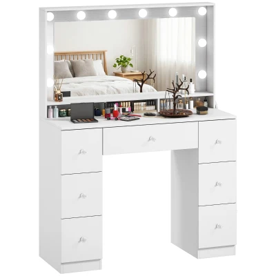 HOMCOM Vanity Desk with 10 Dimmable LED Lights, Mirror Dressing Table with 7 Drawers and Charging Station, White