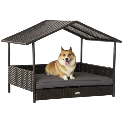 PawHut Rattan Dog House with Canopy, Wicker Dog Bed with Water-Resistant Cushion, for Small and Medium Breeds Grey