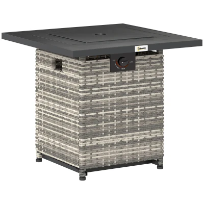 Outsunny 28 Inch Propane Fire Pit Table, 40,000 BTU Rattan Gas Fire Pit Table with Rain Cover, Mesh Lid, Lava Stone, Mixed Grey