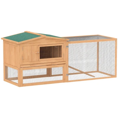 PawHut 62'' L 2-Story Rabbit Hutch Bunny Cage Small Animal House with Pull Out Tray, Detachable Run, Ramp, for Indoor Outdoor, Natural