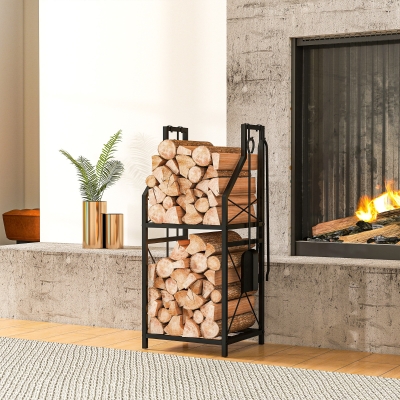 Outsunny Firewood Rack with 4 Fireplace Tools, 2-Tier Metal Log Holder with Hooks, 132 lbs Capacity for Indoor Outdoor, Black