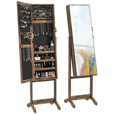 HOMCOM Lockable Mirror Jewelry Cabinet, Full-Length Mirror and Jewellery Storage with 3 Adjustable Angles, Rustic Brown