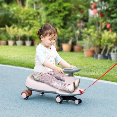 Qaba Kids Wiggle Car w/ Parent Traction Rope, Music, Light, Pink