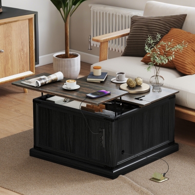 HOMCOM Lift Top Coffee Table with Charging Station, Square Farmhouse Center Table with Hidden Storage, Black Wood Grain
