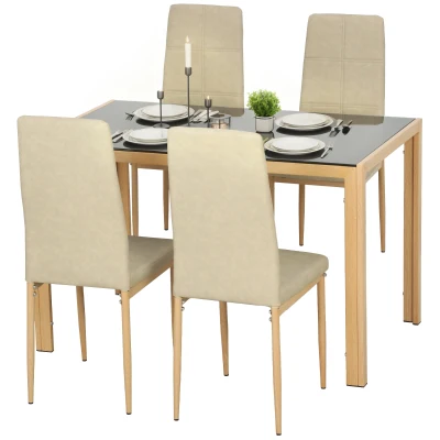 HOMCOM 3-Piece Rectangular Glass Kitchen Table and Chairs with Metal Frame and Faux Leather Upholstery for Dining Room