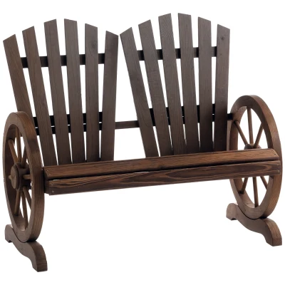 Outsunny Outdoor Garden Bench, 2- Seat Patio Wooden Bench with Wheel-Shaped Armrests for Yard, Carbonized color