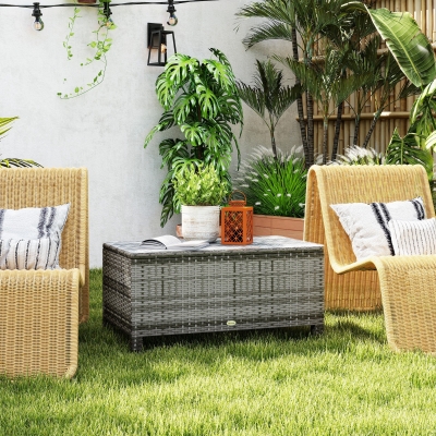 Outsunny Rattan Wicker Coffee Table with Glass Top Outdoor Garden Patio Furniture Brown Tempered