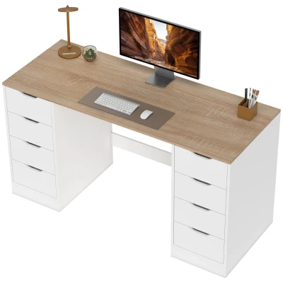 HOMCOM Desk with 8 Drawers, 55.1"W × 20.9"D × 29.5"H Modern Computer Desk for Office, Living Room, White