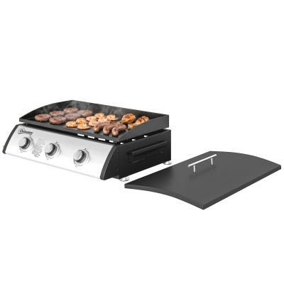 Outsunny Propane Gas Grill with 3 Main Burners, 8530 BTU Outdoor BBQ Grill Cart with Non-Stick Griddle and Lid, Black