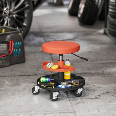 HOMCOM Rolling Garage Stool, 300 LBS Capacity Mechanic Stool with 2.5" Wheels, Tool Trays Storage, Adjustable Height, Orange