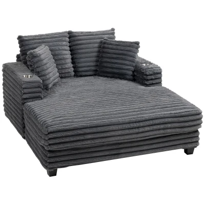 HOMCOM 60" Chaise Lounge Chair, Oversized Upholstered Sofa Bed with Cup Holders & Pillows, Sleeper Couch for Living Room, Grey