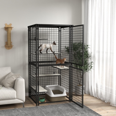PawHut Cat Cage Multi-Level Catio Steel Outdoor Cat Enclosure w/ UV-and Water Resistant Cover, 5 Platforms, Soft Pads, Black