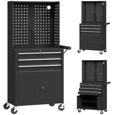 HOMCOM Rolling Tool Cabinet with Pegboard, Lockable Tool Chest, Mobile Tool Storage Organizer for Garage and Workshop, Black