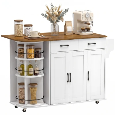 HOMCOM 53" Kitchen Island with Power Outlet and Drop Leaf, Kitchen Cart on Wheels with 360° Rotating Rack, White