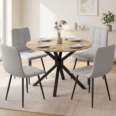 HOMCOM Dining Table Set Industrial Kitchen Table Chairs for 4 Round Table Steel Frame, Oak and Grey
