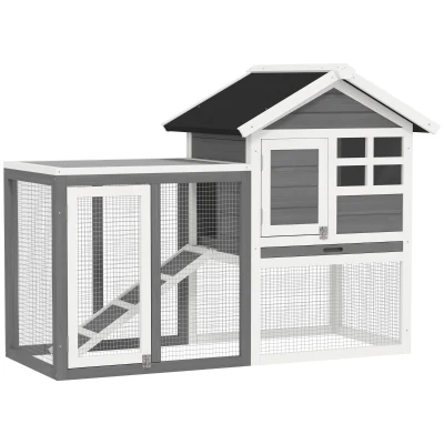 PawHut 49" Weatherproof Wooden Rabbit Hutch With Slant Roof And Screened Outdoor Run, Grey