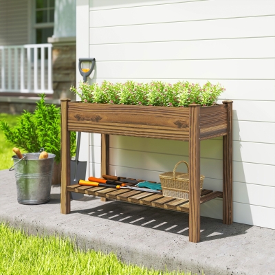 Outsunny Elevated Planter Box w/ Legs and Storage Shelf, Raised Garden Bed, Elevated Wooden Planter Box, Carbonized