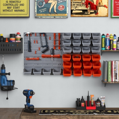 DURHAND 44PC Wall Mounted Storage Bins Parts Rack Kit with 2 Colour Parts, Hardware Screw Tool Organizer with Storage Bins, Pegboard and Hooks, Garage Plastic Organizer, Red