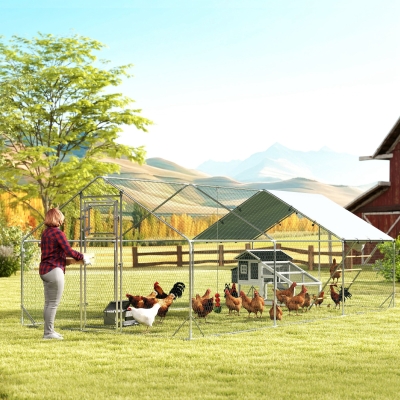 PawHut Large Metal Chicken Run with Waterproof & UV-Resistant Cover, Feeding Door, Hanging Feeder, Perch for 18-24 Chickens