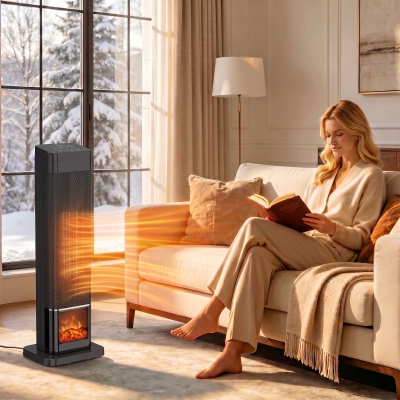 HOMCOM Space Heater with Realistic Flame Effect, 1500W Ceramic Electric Heater with Adjustable Thermostat, Oscillation, Timer