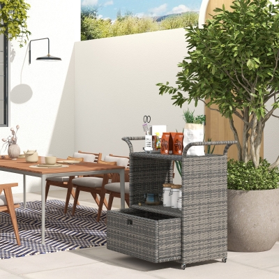 Outsunny Patio PE Wicker Garden Serving Cart with 2-Tier Shelf, Outdoor Wheeled Rattan Food Cart with Drawer, Handles, for Poolside, Garden, Mixed Grey