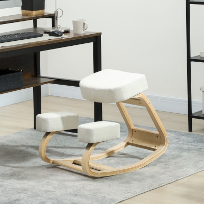 HOMCOM Ergonomic Kneeling Chair, Wood Kneel Stool with Thick Pads, Desk Knee Chair, Improve Posture, Cream White