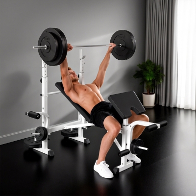 Soozier Bench Press Set Adjustable Weight Bench with Squat Rack, Preacher Curl Pad, Leg Developer and Weight Storage, White