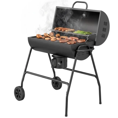 Outsunny Barrel Charcoal BBQ Smoker, Barbecue with 420 sq.in. Cooking Area, Wheels, Ash Catcher, Black