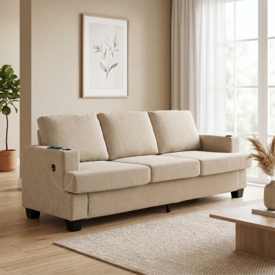 HOMCOM 3 Seater Sofa with USB Ports & Cup Holders, Chenille-Feel Upholstered Couch for Living Room, Light Brown