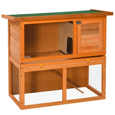 PawHut Wooden Rabbit Hutch, Indoor Outdoor Bunny Cage with Run, 2- Level Guinea Pig House with Slide-Out Tray, Waterproof Roof, Yellow