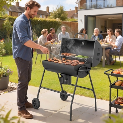 Outsunny Barrel Charcoal BBQ Smoker, Barbecue with 420 sq.in. Cooking Area, Wheels, Ash Catcher, Black