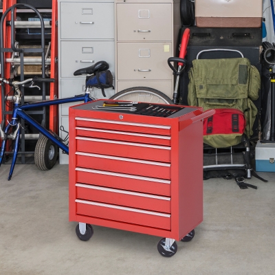 HOMCOM Rolling Tool Chest, 7-Drawer Lockable Tool Cabinet with 4 Wheels, Handle, Toolbox Storage Organizer for Garage, Workshop, Repair Shop, Red