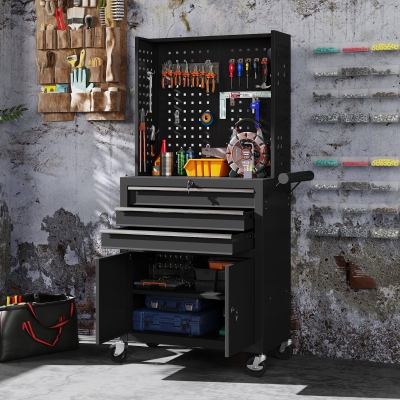 HOMCOM Rolling Tool Cabinet with Pegboard, Lockable Tool Chest, Mobile Tool Storage Organizer for Garage and Workshop, Black