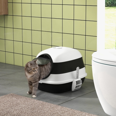 PawHut Cat Litter Box with Lid, Covered Litter Box w/ High Sides, Black
