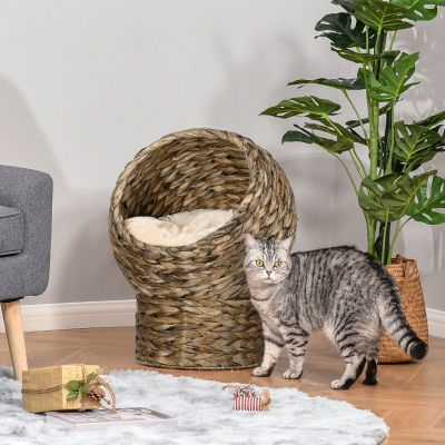 PawHut Wicker Cat Bed with Cushion, Stand, for Indoor Cats, Dark Brown