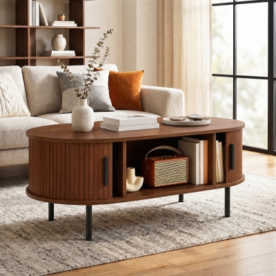 HOMCOM Coffee Table with Sliding Tambour Doors and Storage Center Table with Metal Legs, 39", Brown
