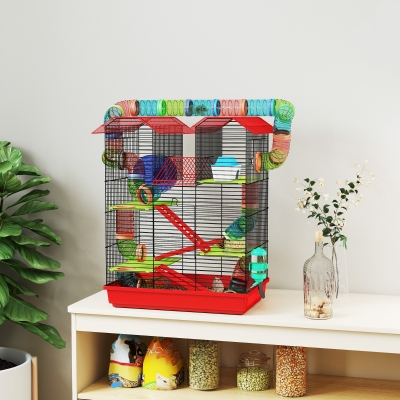 PawHut 18.5" Hamster Cage, 5 Tiers Small Animal House with Tunnel Tube System, Exercise Wheel, Water Bottle, Red