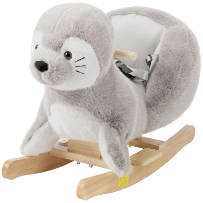 Qaba Baby Rocking Horse, Plush Seal Ride-On Toy for Toddlers 12-36 Months, Kids Animal Rocker with Sounds, Grey