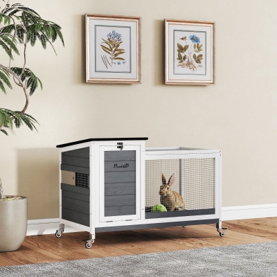 PawHut Wooden Rabbit Hutch with Pull-Out Tray, Asphalt Openable Roof, Small Animal Cage on Wheels with Run, Grey