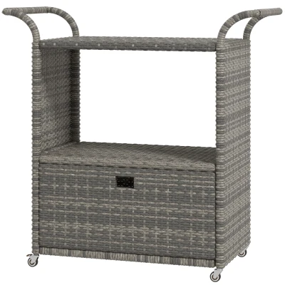 Outsunny Patio PE Wicker Garden Serving Cart with 2-Tier Shelf, Outdoor Wheeled Rattan Food Cart with Drawer, Handles, for Poolside, Garden, Mixed Grey