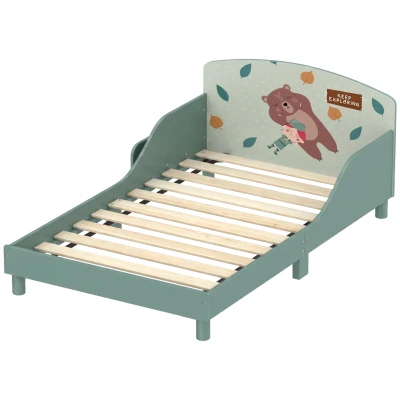Qaba Toddler Bed with Bedside Storage, Guard Rails, Montessori Bed for Ages 3-8, Fits 132x70x10cm Mattress, Green Bear Print