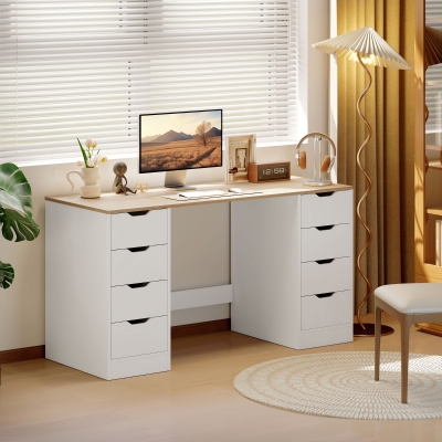HOMCOM Desk with 8 Drawers, 55.1"W × 20.9"D × 29.5"H Modern Computer Desk for Office, Living Room, White