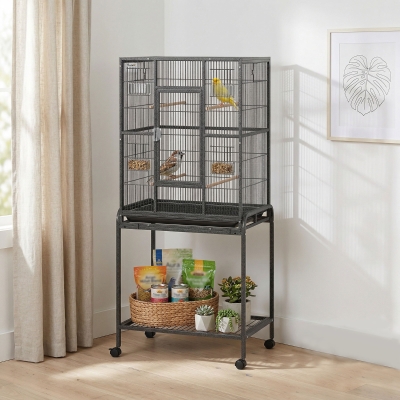 PawHut 56"H Bird Cage, Parrot Cage w/ Detachable Rolling Stand, Removable Tray, Storage Shelf, Perches, Food Container