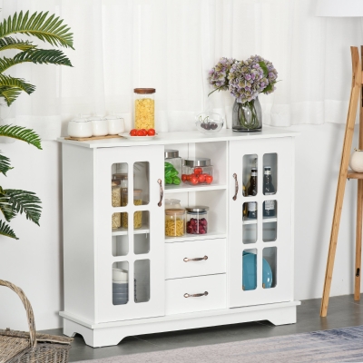 HOMCOM Modern Kitchen Sideboard with 2 Drawers, Coffee Bar Cabinet with Glass Doors Storage Cupboard and Open Shelf, White