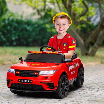 Qaba 12V Kids Electric Fire Truck w/ Remote Control, Spring Suspension, Transport Wheel, Siren, Music, Light, Horn, Red