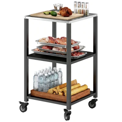 Outsunny Outdoor Grill Cart, Pizza Oven Stand with Stainless Steel Top, 3-Tier Rolling Kitchen Prep Station with Wheels, Black