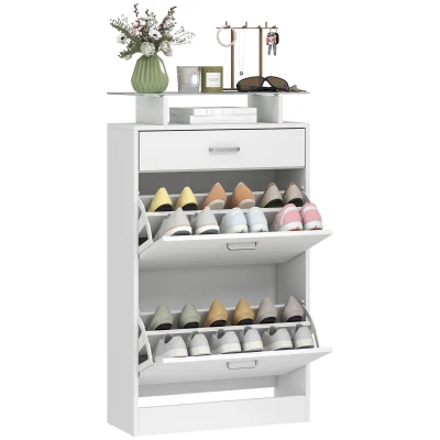 HOMCOM Shoe Cabinet, Slim Shoe Organizer Cabinet with 2 Flip Drawers, Adjustable Shelves, Drawer and Glass Top