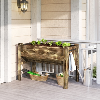 Outsunny Wooden Raised Garden Plant Stand Outdoor Tall Flower Bed Box with Hooks, 48" x 24" x 32", Carbonized