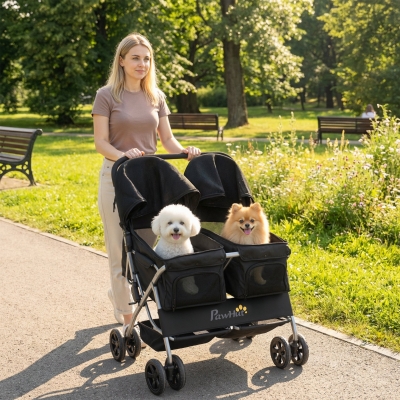 PawHut Double Pet Stroller, Foldable Dog Stroller with 2-Seater Carrier, Sunshade, Removable Pad, Safety Belt, Storage Basket