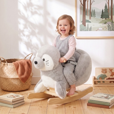 Qaba Baby Rocking Horse, Plush Seal Ride-On Toy for Toddlers 12-36 Months, Kids Animal Rocker with Sounds, Grey